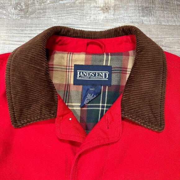 Lands'End Leather Collar Red Plaid Lined Barn Coat | Men's Size Tall L (42-44) - Picture 6 of 12